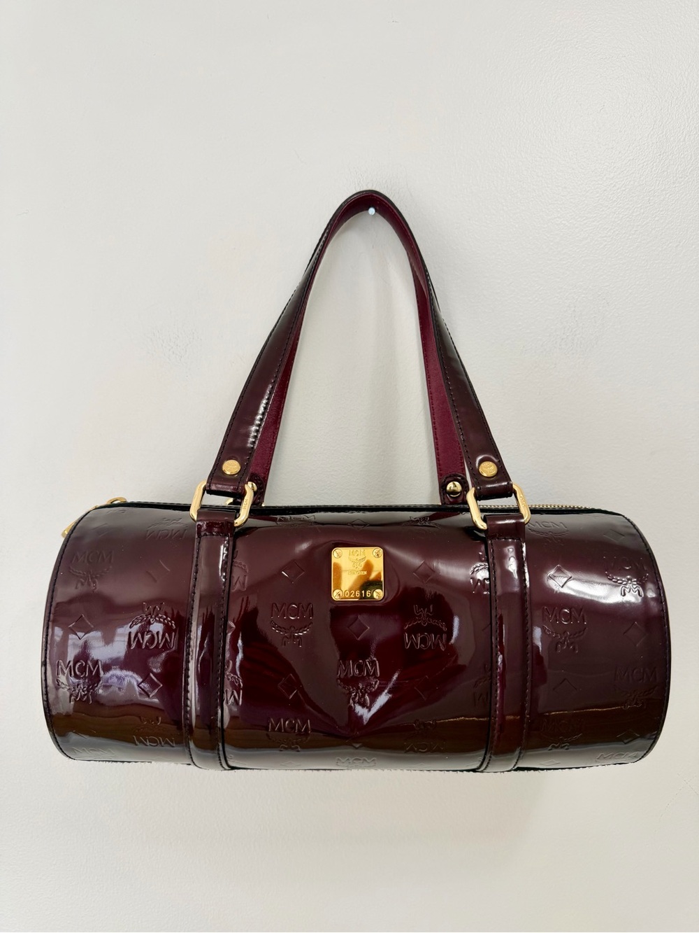 MCM Patent Monogram Essential Barrel Bag Bordeaux